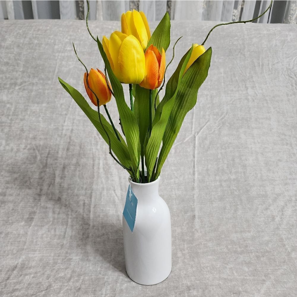 New Yellow Orange Real Feel Tulip Arrangement in Ceramic Vase, 16"